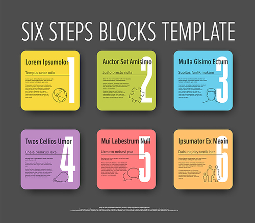 Progress steps template with descriptions icons and big numbers on rainbow pastel color squares rounded buttons on dark background. Multipurpose progress infochart template