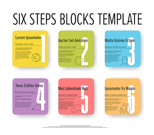 Light progress steps template with descriptions icons and big numbers on rainbow pastel color squares rounded buttons on white background. Multipurpose progress infochart template