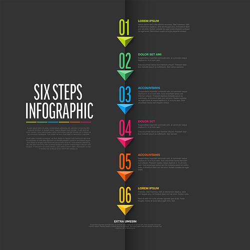 Vector dark six steps progress vertical template with big triangle pyramid arrows and numbers, descriptions. Dark version with big step numbers on folded paper