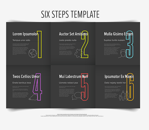 Dark progress steps template with descriptions icons and big color numbers on gray folded paper background. Multipurpose progress infochart template