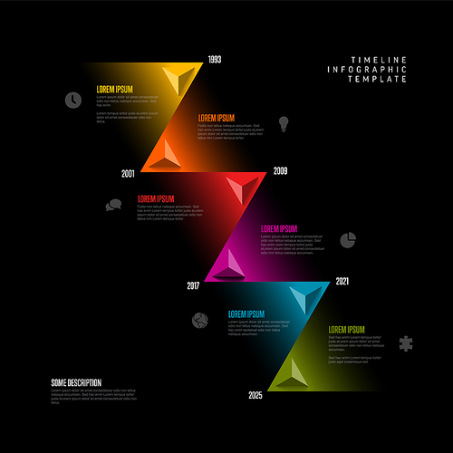 Simple dark multipurpose diagonal infographic timeline template with triangle arrows and six milestones with icons and descriptions. Modern time line template