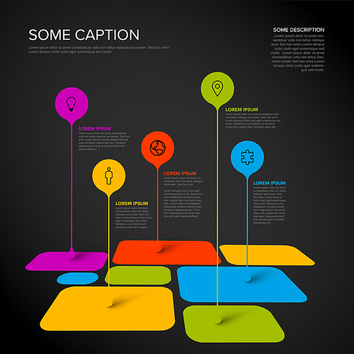 Vector multipurpose Infographic template made from droplet pointers on mosaic of rounded square items with icons, descriptions and legend. Multipurpose dark infochart infographic