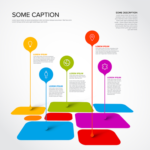 Vector multipurpose Infographic template made from droplet pointers on mosaic of rounded square items with icons, descriptions and legend. Multipurpose infochart infographic