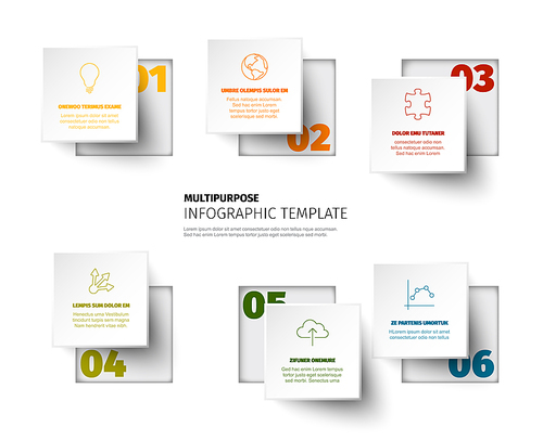 Vector squares progress steps template with descriptions and icons with color numbers in the light background. Six buttons with holes.