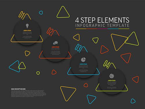 Vector dark diagonal Infographic template with gray circle step cards, icons and descriptions. Simple minimalistic multipurpose infochart template with four step elements and color border triangle arrow  line