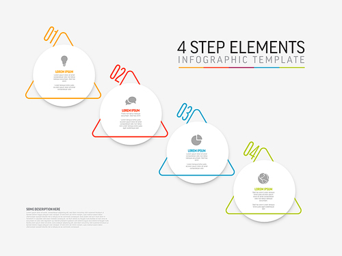 Vector light diagonal Infographic template with white circle step cards, icons and descriptions. Simple minimalistic multipurpose infochart template with four step elements and color border triangle arrow  line