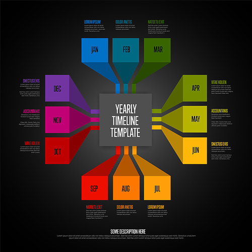Dark Full year timeline template with all rainbow colored months as squares on long folded stripes, month names and short descriptions, all on black background in the square shape