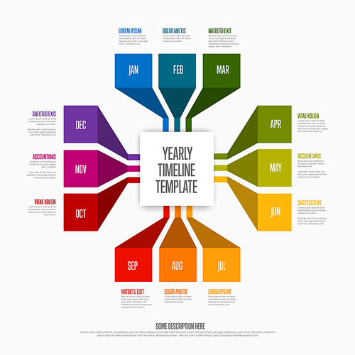 Full year timeline template with all rainbow colored months as squares on long folded stripes, month names and short descriptions, all on white background in the square shape