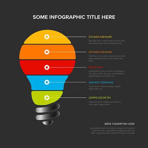 idea infographic template - dark bulb icon made from red stripes with some content, description and five elements with icons all on black background