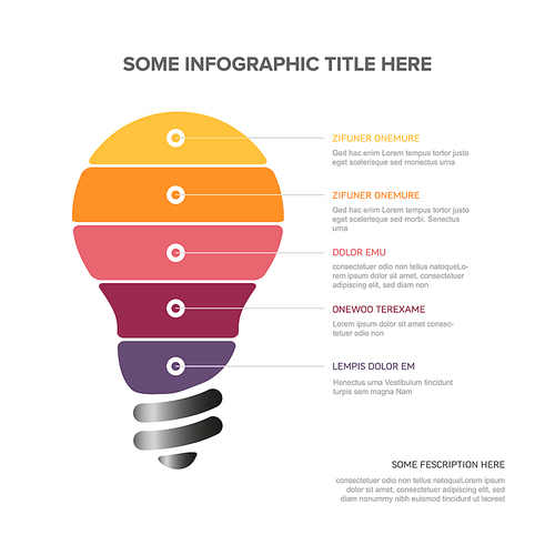 idea infographic template - light bulb icon made from red stripes with some content, description and five elements with icons all on light background