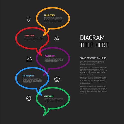 Vector process progress template diagram schema with five steps icons and descriptions. color thick line speech bubbles on dark background in down direction