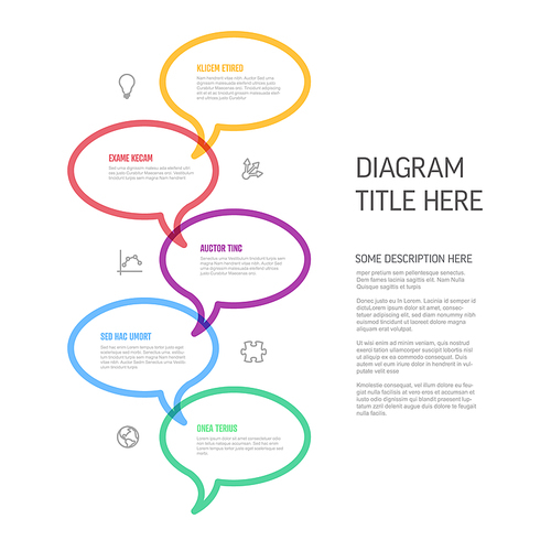 Vector process progress template diagram schema with five steps icons and descriptions. color thick line speech bubbles on light background in down direction