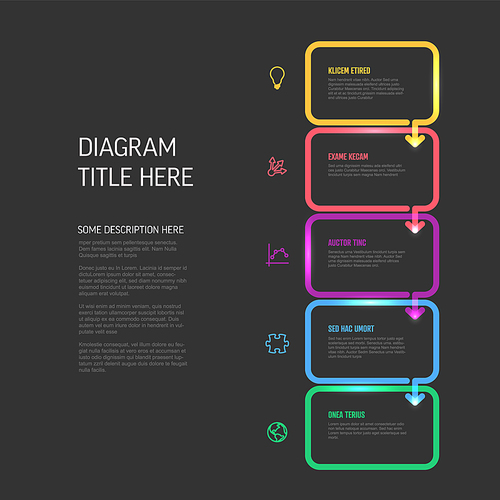 Vector process progress template diagram schema with five steps icons and descriptions. color thick line rectangles on dark background with arrows in down direction