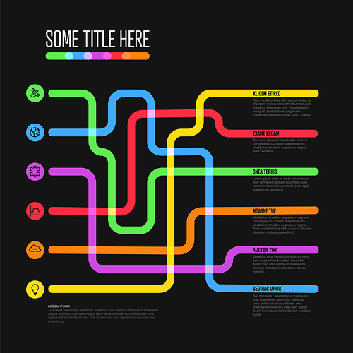 Vector dark multipurpose Infographic template with elements options and thick lines. Multipurpose maze Infochart with modern colors lines pointing from icons to descriptions