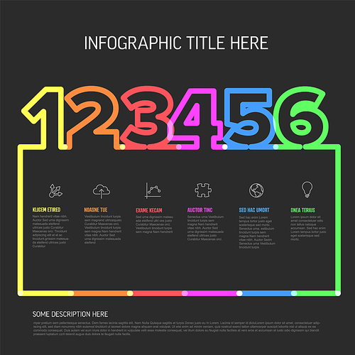 Colorful six step infographic template with a clear title space and placeholder text. The infographic is designed to present sequence information in rainbow colors on dark background