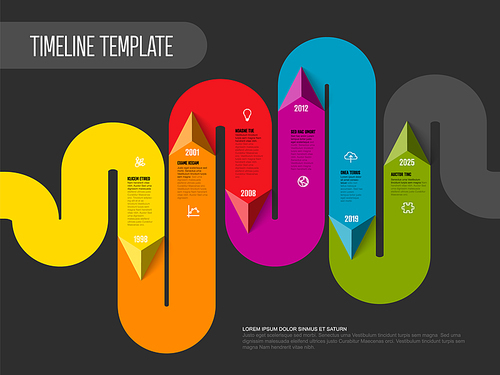 Vector Dark Infographic timeline report template made from thick color line with pyramid triangle arrow showing the direction, icons and simple content. Timeline template with arrows, icons and short descriptions