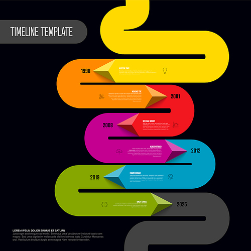 Vectordark  Infographic vertical timeline report template made from thick color line with pyramid triangle arrow showin the direction, icons and simple content. Timeline template with arrows, icons and short descriptions