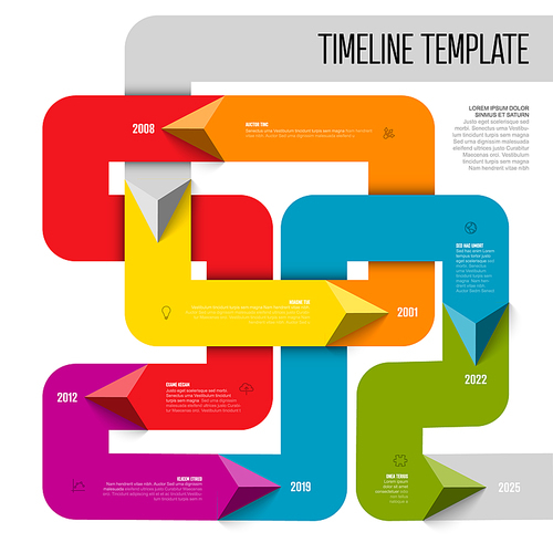 Colorful simple infochart tangle timeline template with triangle arrows on thick color lines, icons, short descriptions and year numbers. Infographic timeline