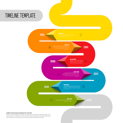 Vector Infographic vertical timeline report template made from thick color line with pyramid triangle arrow showin the direction, icons and simple content. Timeline template with arrows, icons and short descriptions