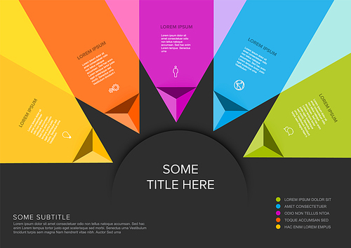 Vector multipurpose Infographic template made from title in big circle and five color pyramid arrow items with icons titles and descriptions. Multipurpose infochart template on dark background