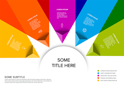 Vector multipurpose Infographic template made from title in big circle and five color pyramid arrow items with icons titles and descriptions. Multipurpose infochart template