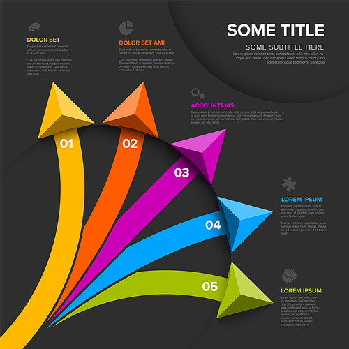 Vector dark diagonal multipurpose Infographic template with title and five elements options with big color arrows. Multipurpose Infochart with modern colors lines icons and arrows pointing on various  directions