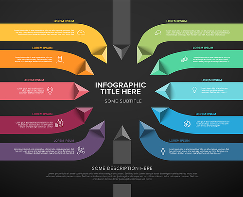 Dark multipurpose Infographic template made from title in big circle and ten color pyramid arrow items in long stripes with icons titles and descriptions. Multipurpose infochart template