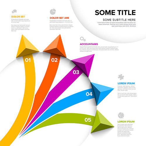 Vector light diagonal multipurpose Infographic template with title and five elements options with big color arrows. Multipurpose Infochart with modern colors lines icons and arrows pointing on various  directions