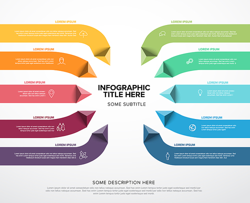 Vector multipurpose Infographic template made from title in big circle and ten color pyramid arrow items in long stripes with icons titles and descriptions. Multipurpose infochart template