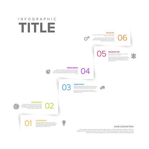 White simple infographic template with steps made of light shadow on white background. Process progress infochart template with color titles and icons.