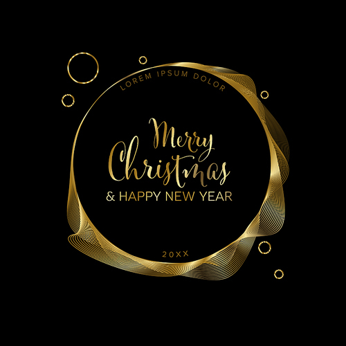 Modern premium Merry Christmas and happy new year card with golden elements on black background. Trendy modern futuristic Christmas card template