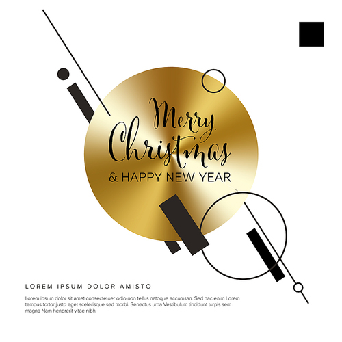 Modern premium Merry Christmas and happy new year card with black and golden elements on white background. Trendy modern futuristic Christmas card template