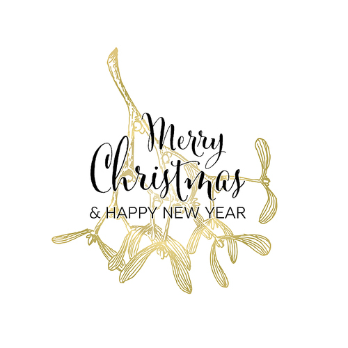 Vintage golden Merry Christmas and happy new year card template with place for your text and handdrawn golden mistletoe illustration in the white background