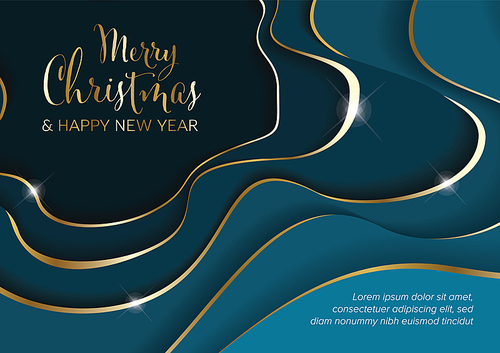 Merry Christmas and happy new year modern Christmas card layoute template with deep paper cut effect made from blue papers with golden borders