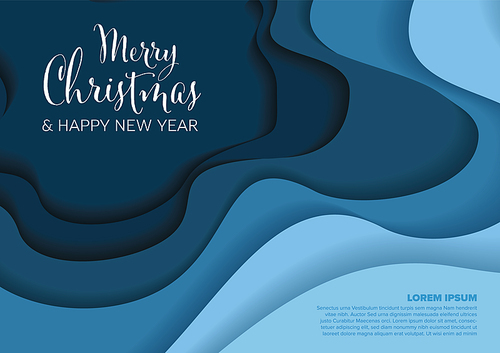 Merry Christmas and happy new year modern Christmas card layoute template with deep paper cut effect made from blue papers