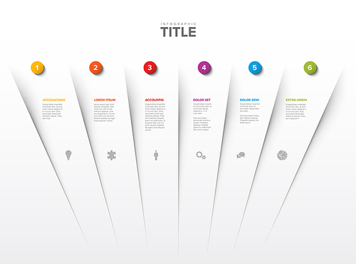 Abstract schema template with six step sections on white background divided by light shadow with numbers icons and some description. Multipurpose infographic template