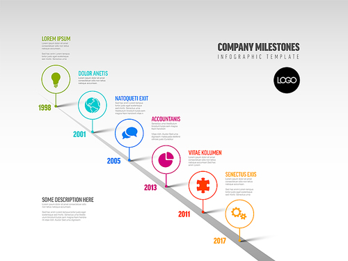 Vector Infographic Company Milestones Timeline Template with pointers on a diagonal straight road line with icons and sample texts on light gray background