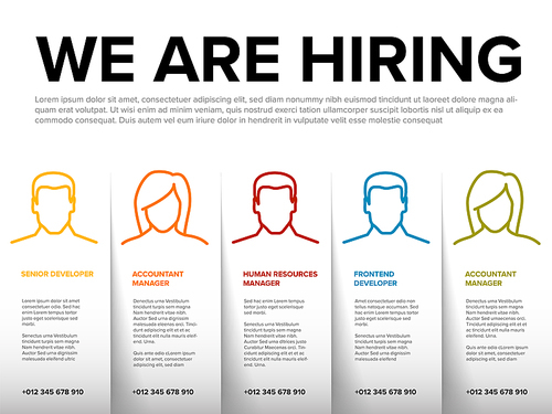 We are hiring minimalistic light flyer template with paper stripes with position names - looking for new members of our team hiring a new member colleages to our company organization team