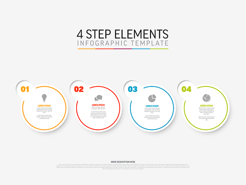 Vector light Infographic template with white circle step cards, icons and descriptions. Simple minimalistic multipurpose infochart template with four step elements and color border line