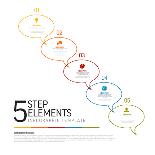 Progress process diagonal schema diagram infographic template made of five round thin line speech bubbles with short title description and icon.