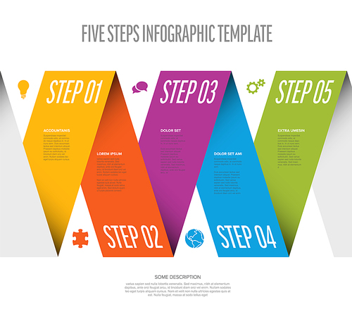 Five vector progress block steps template with descriptions, big numbers. Five fresh color horizontal folded paper stripe steps in sequence with tasks descriptions, icons and shadows