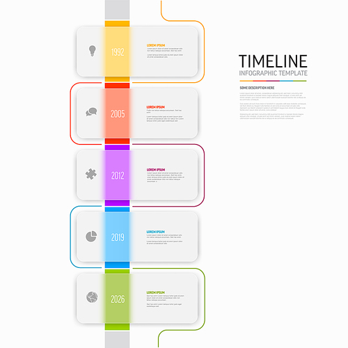 Vector light color time line with icons in five semi transparent matt glass rectangle blocks template  with icons, descriptions and rainbow colorful arrows timeline in the white background.