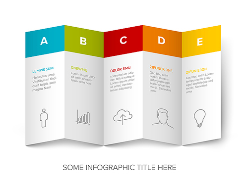 Five vector block steps options items template with descriptions, big letters on white folded paper. Five fresh color horizontal folded paper stripe steps in sequence with tasks descriptions, icons and shadows