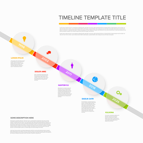 Vector light color diagonal time line with icons in five semi transparent matt glass circles template  with icons, descriptions and rainbow colorful arrows timeline in the white background.