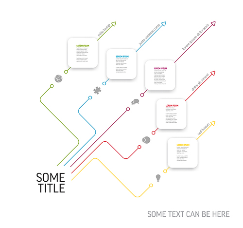 Vector light diagonal Infographic template with white rounded square cards with icons titles and descriptions. Simple minimalistic time line steps template with color lines