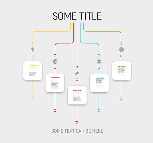 Vector light Infographic template with white rounded square cards with icons titles and descriptions. Simple minimalistic time line steps template with color lines