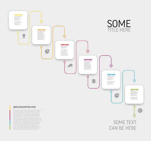 Vector light Infographic template with white rounded square cards in diagonal order with icons titles and descriptions. Simple minimalistic time line steps template with color lines