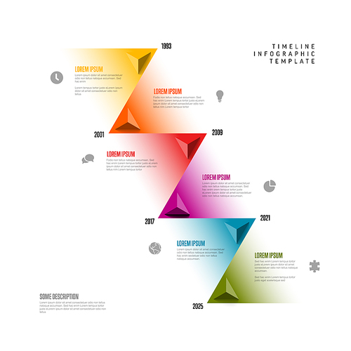 Simple light multipurpose diagonal infographic timeline template with triangle arrows and six milestones with icons and descriptions. Modern time line template