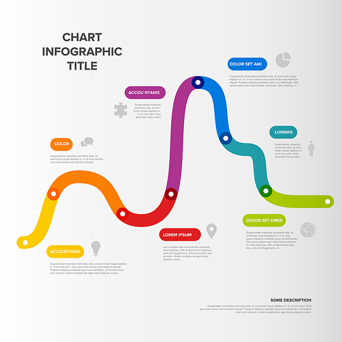 Simple graph timeline template made of rainbow color thick line segments. Multipurpose infochart template displaying main milestones or important stages.