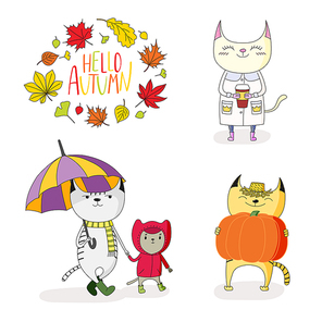 Hand drawn vector illustration of cute cats, in rain coat, with umbrella, pumpkin, paper cup, with wreath of leaves and text Hello Autumn. Isolated objects on white . Design concept for kids